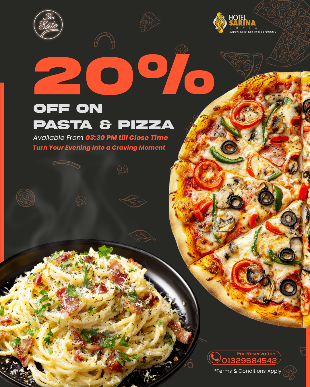 20% Off Pasta & Pizza at The Elite | Hotel Sarina Dhaka